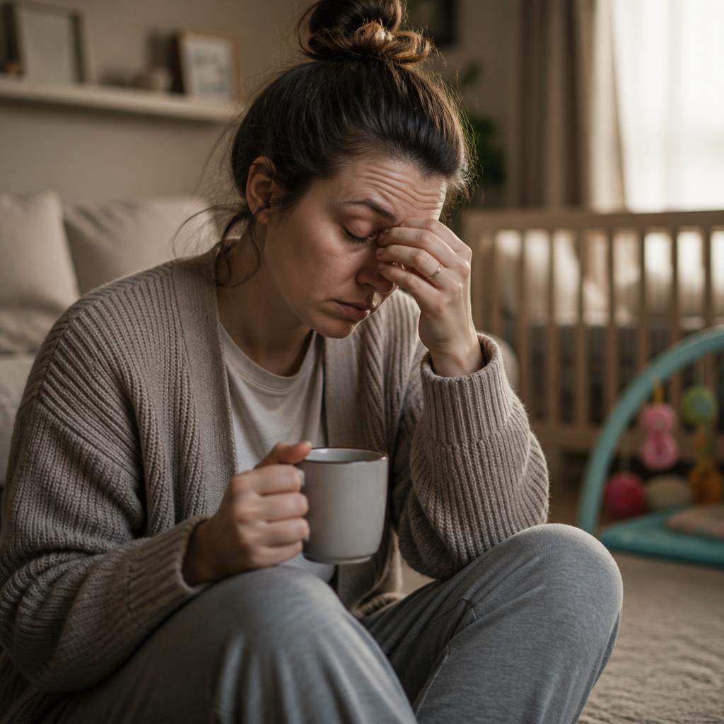 Mamá agotada sosteniendo una taza de café, frotándose los ojos por el cansancio